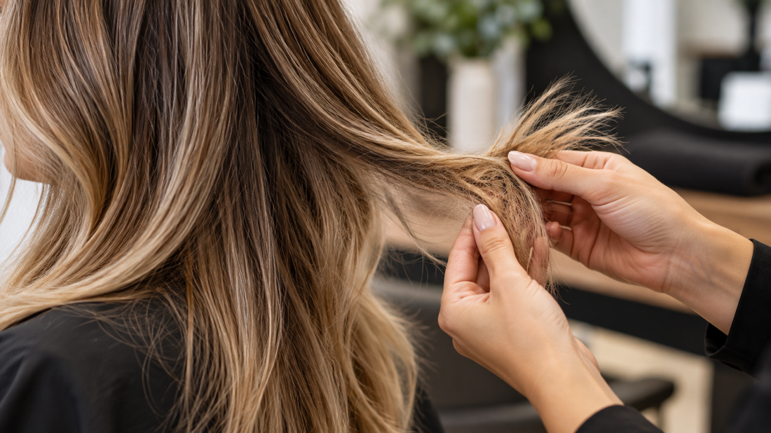Stylist examining dry and damaged hair to recommend a professional hair treatment