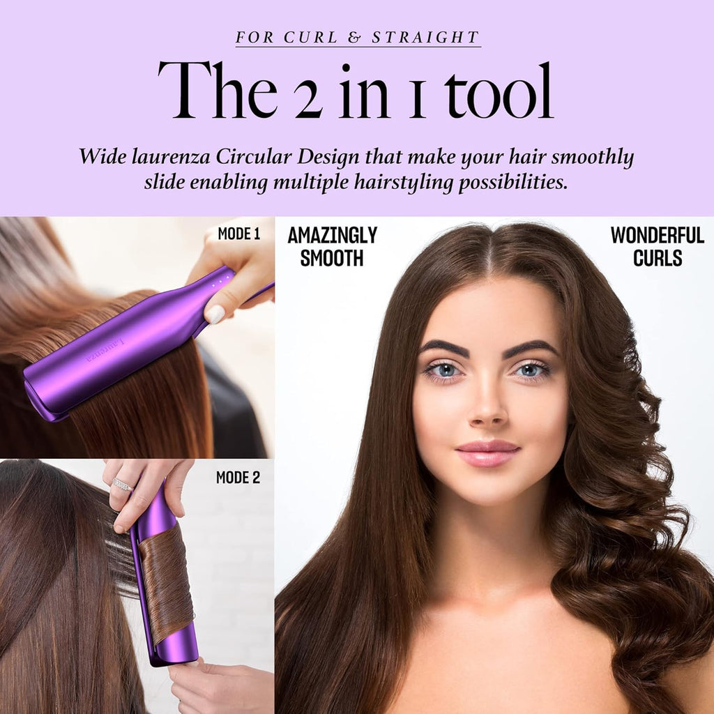 2-In-1 Hair Straightener & Curler, 2 Inch Plate, 8.5" Extra-Large Ceramic Iron with 20M Anions (Purple)