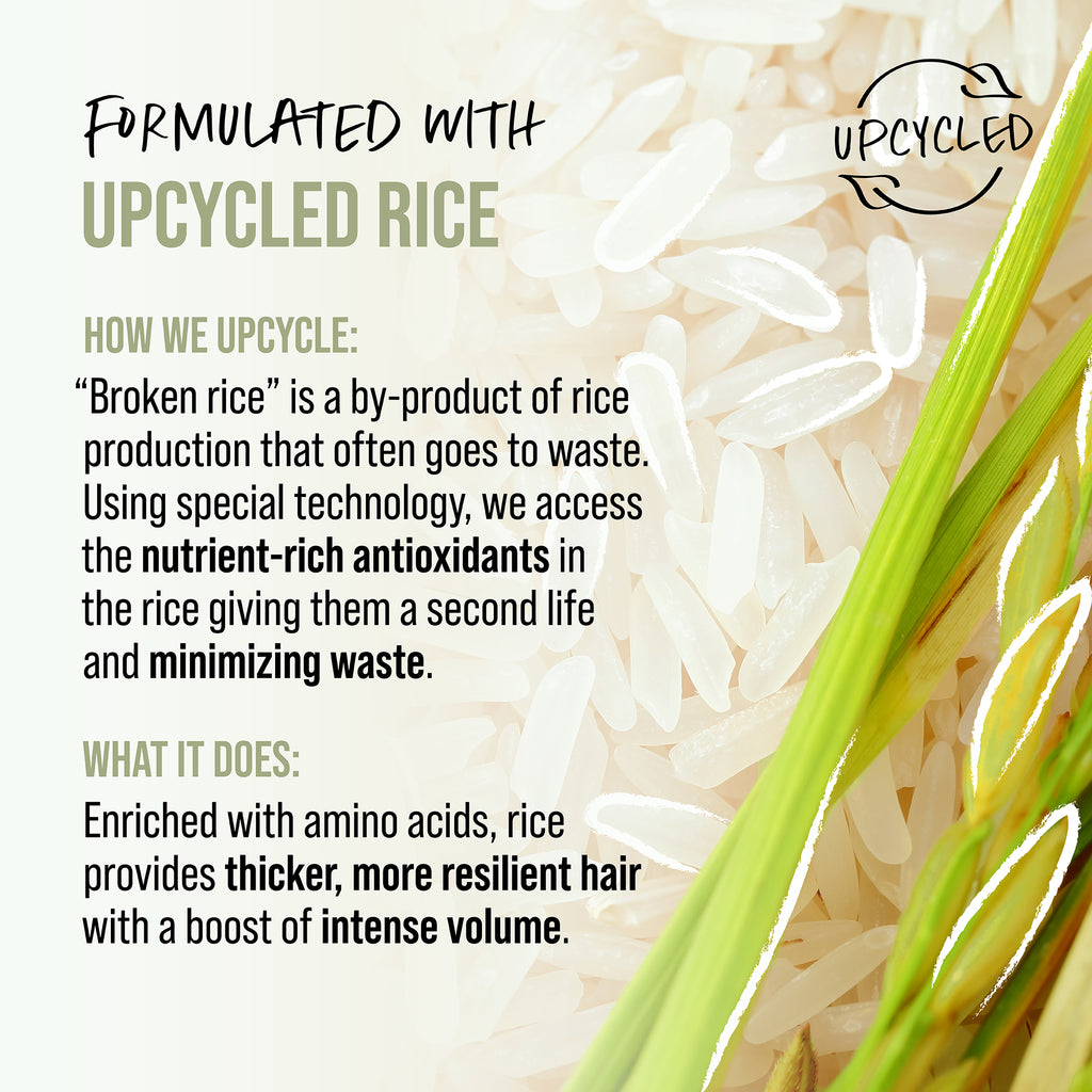 Upcycled rice with text explaining the process and benefits on a white background