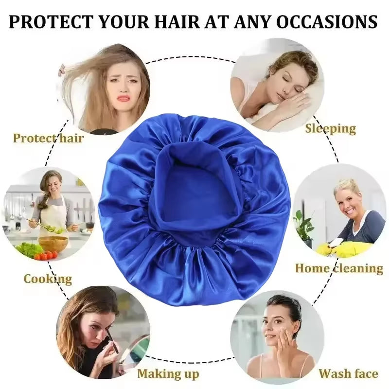 1Pcs Soft Silk Satin Lined Bonnet Large Satin Hair Bonnet Household Sleep Shower Cap Hair Wrap Cover for Long Hair Salon Tool