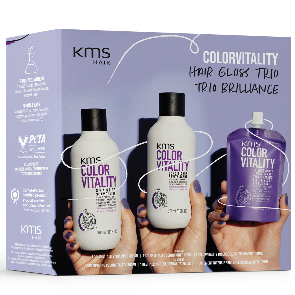 KMS Colorvitality hair gloss trio packaging on a white background
