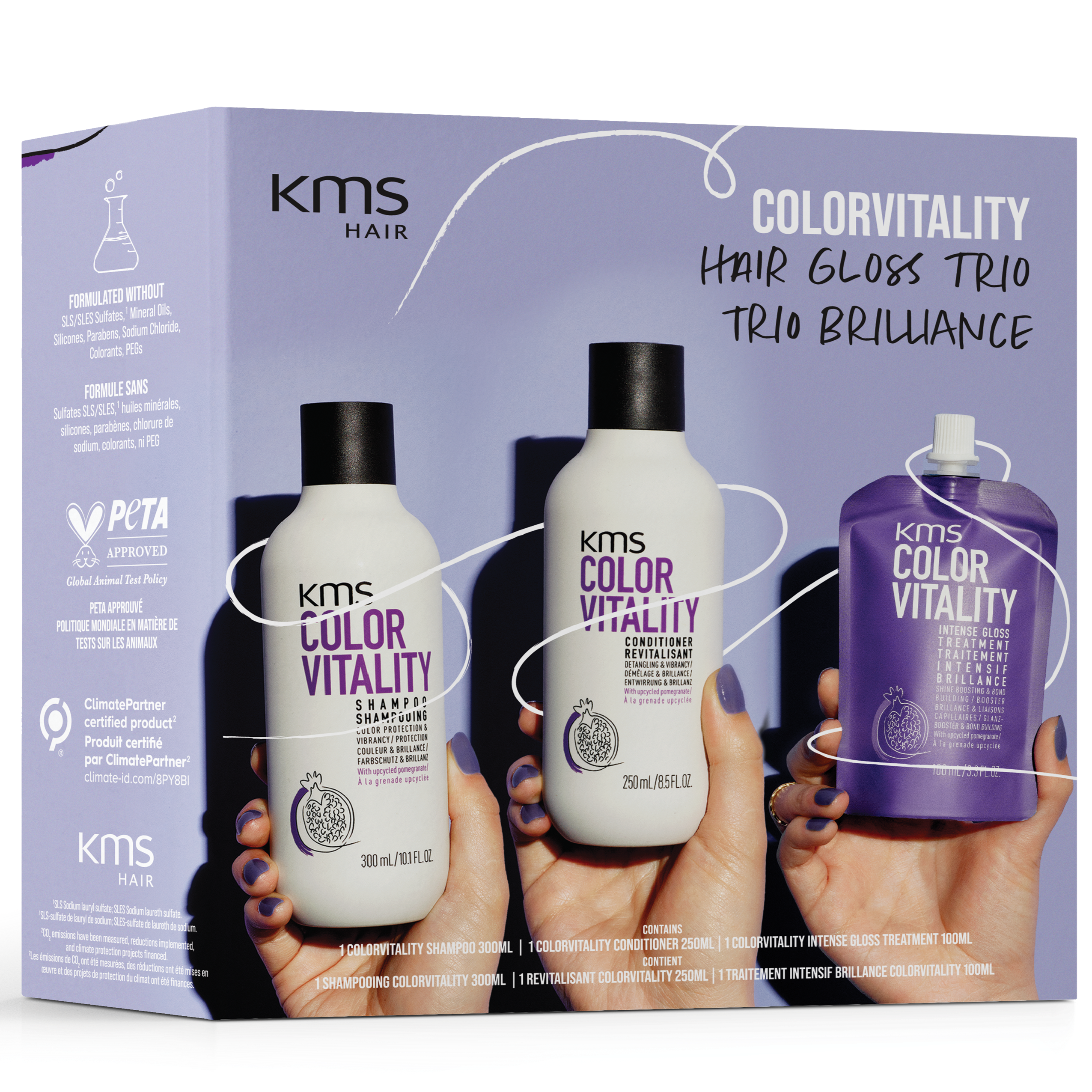 KMS Colorvitality hair gloss trio packaging on a white background