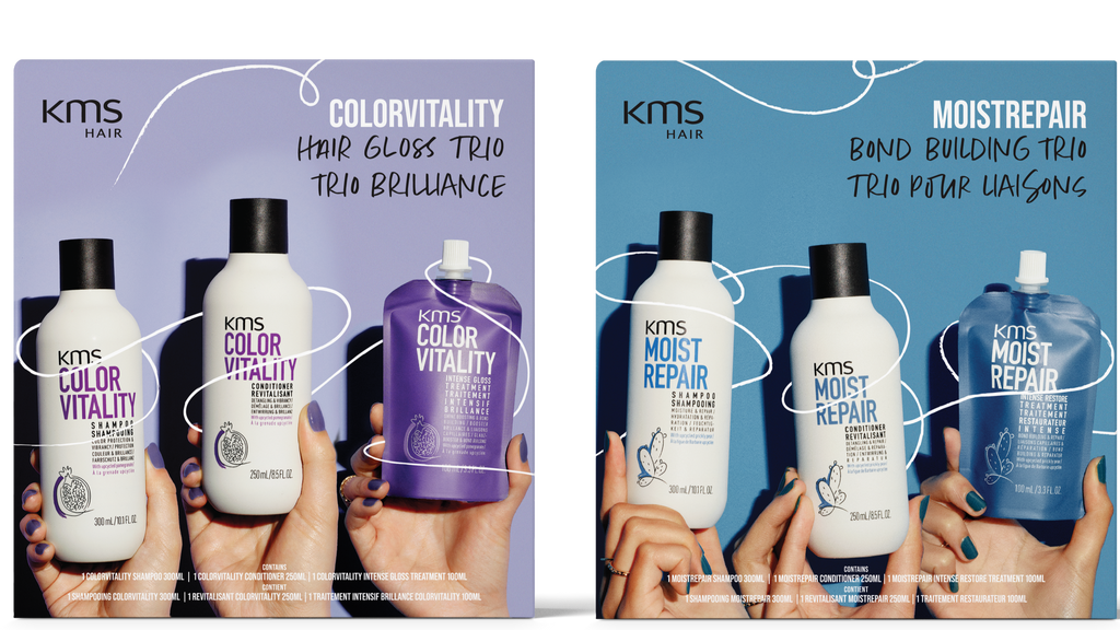KMS hair care product packaging on a white background