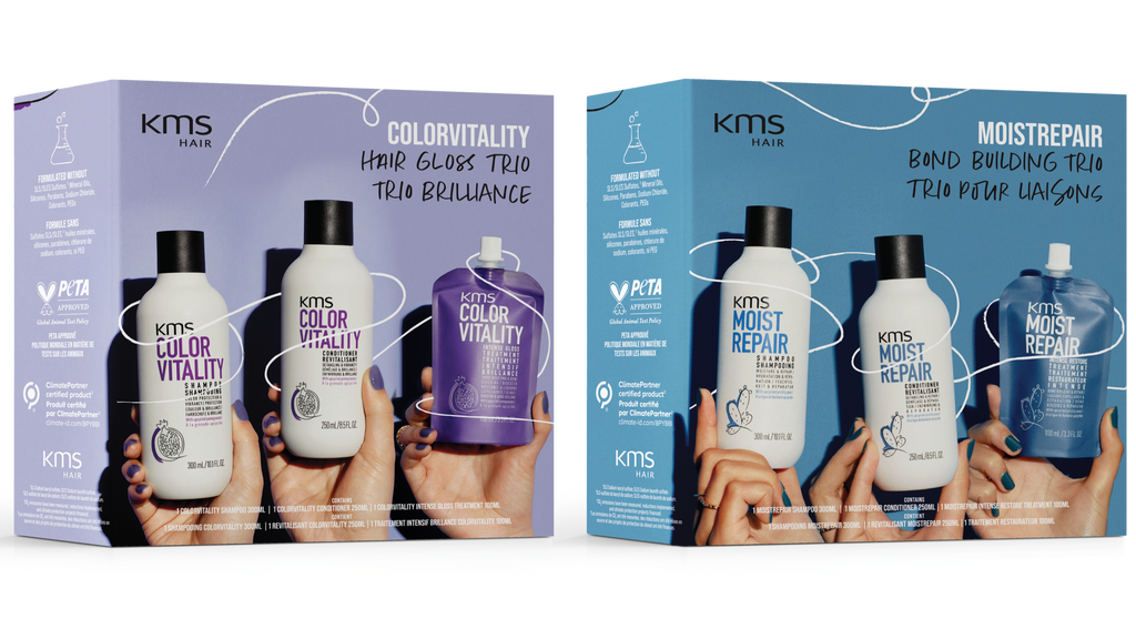 Kits hair care product set with bottles and packaging on a white background
