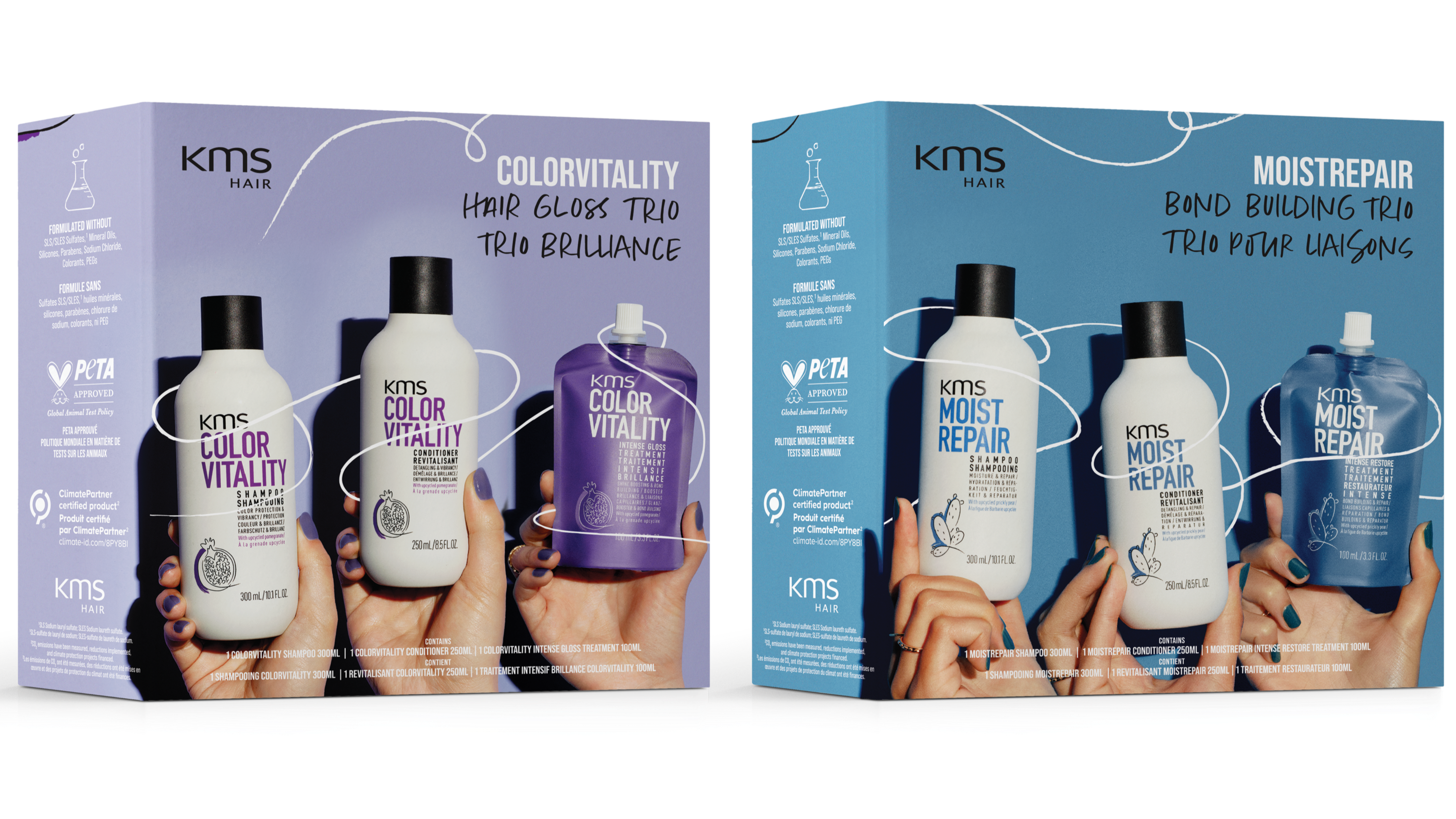 Kits hair care product set with bottles and packaging on a white background