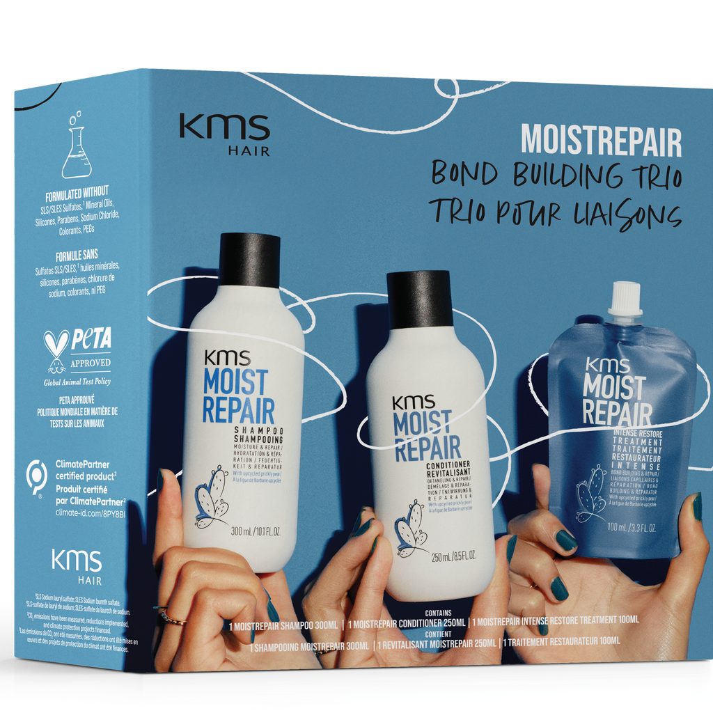 KMS Moistrepair hair care product set packaging on a white background