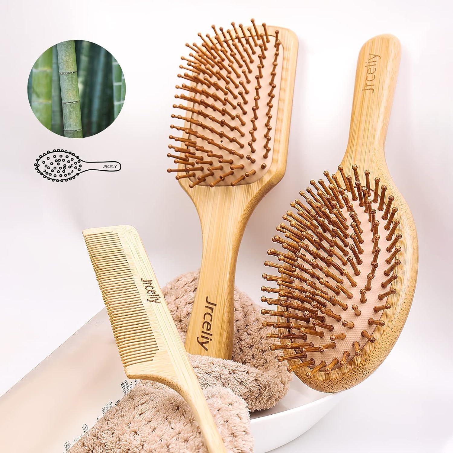 3 - Piece Bamboo Hair Brush Set – Eco - Friendly Wooden Detangling Brushes for All Hair Types - Hair Care