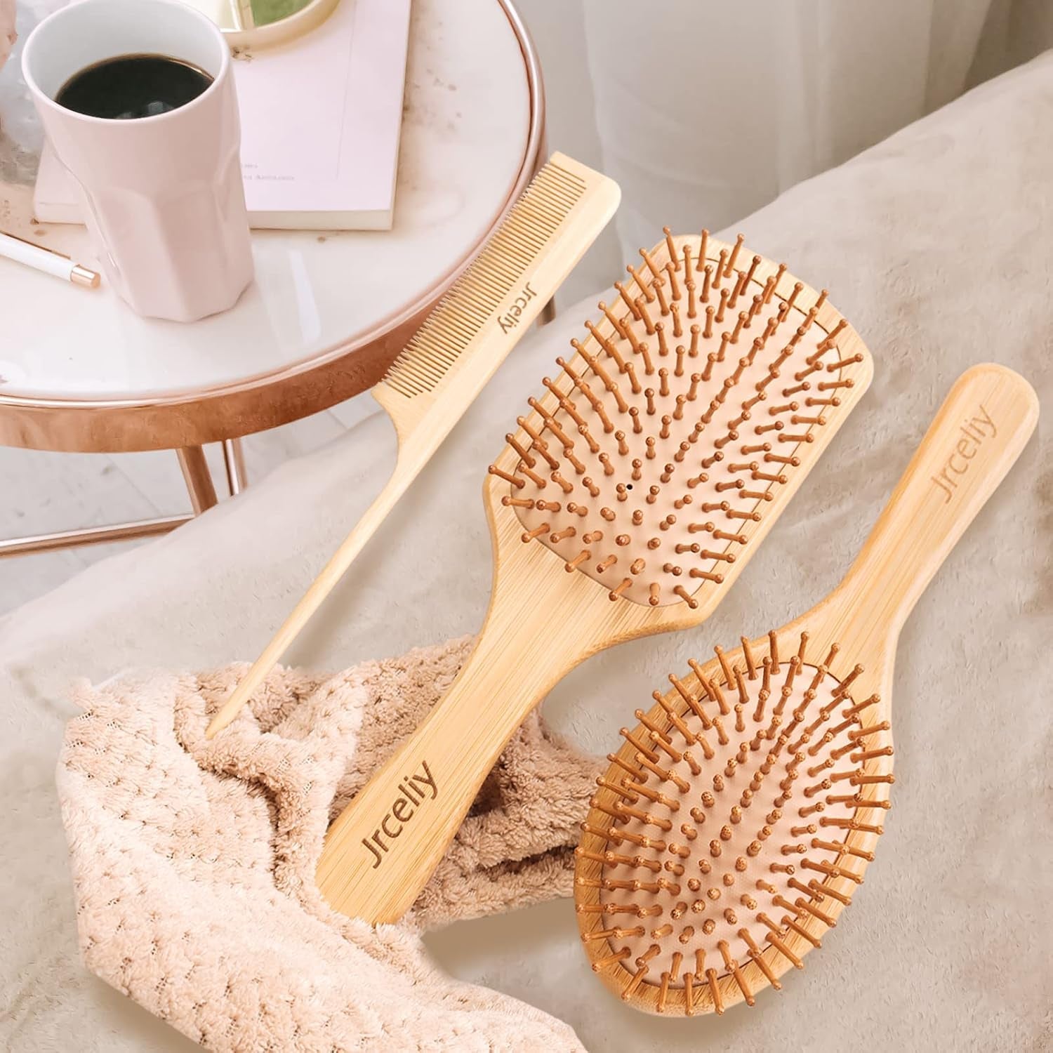 3 - Piece Bamboo Hair Brush Set – Eco - Friendly Wooden Detangling Brushes for All Hair Types - Hair Care