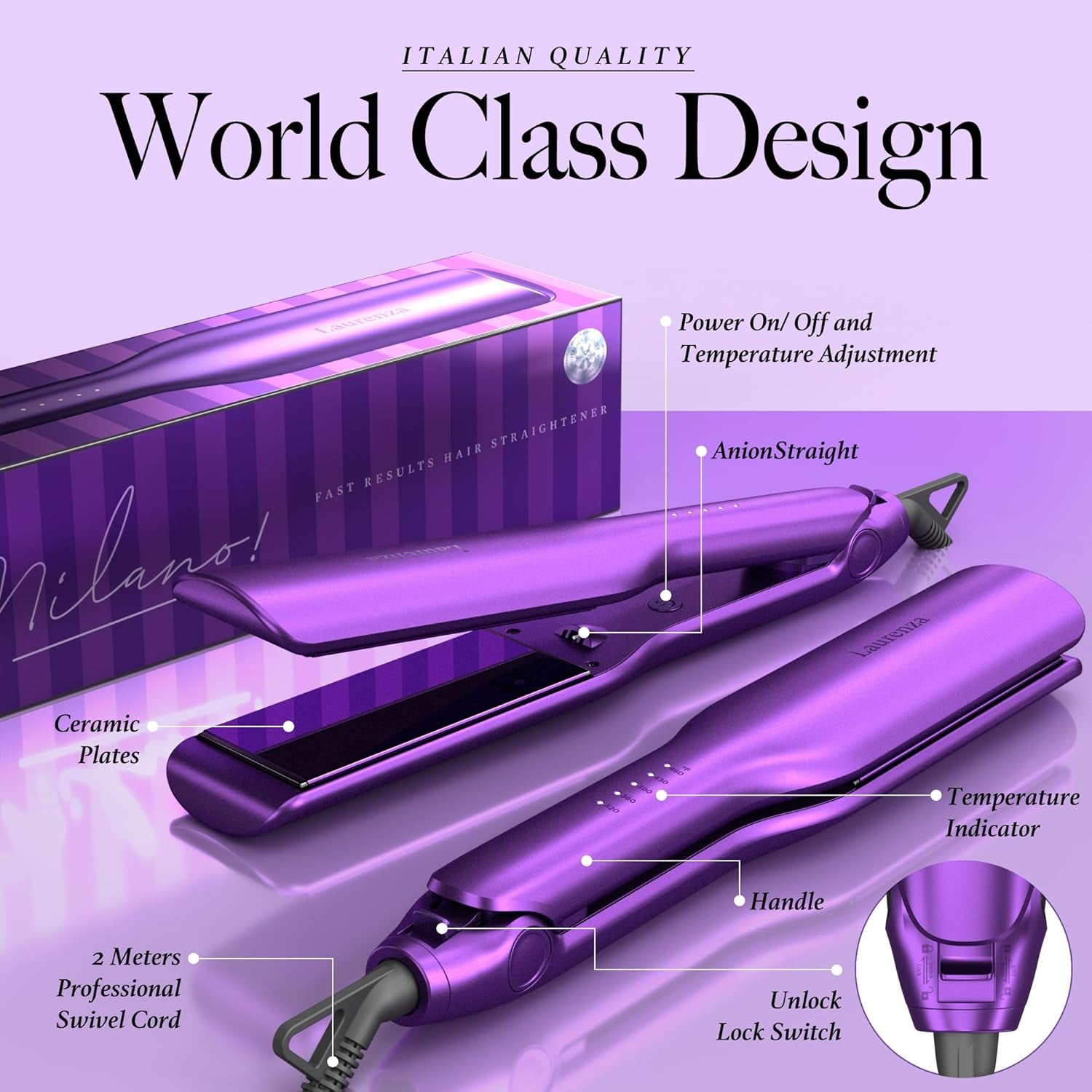 2-In-1 Hair Straightener & Curler, 2 Inch Plate, 8.5" Extra-Large Ceramic Iron with 20M Anions (Purple)
