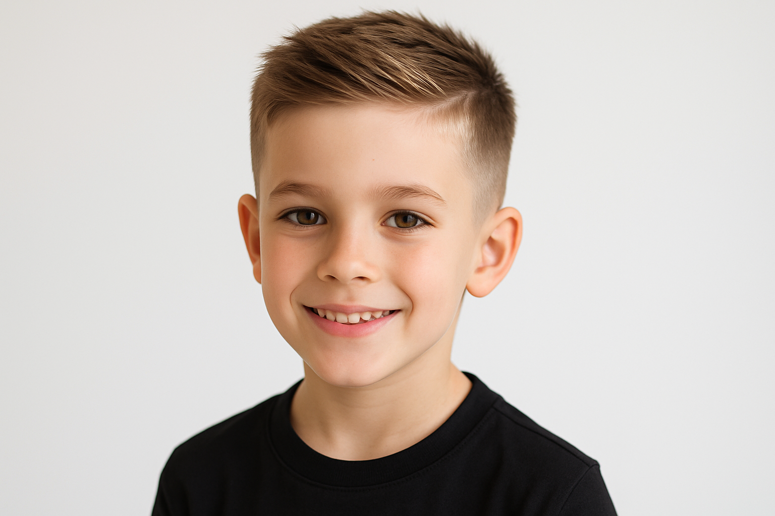 Young boy with a short haircut smiling against a plain background