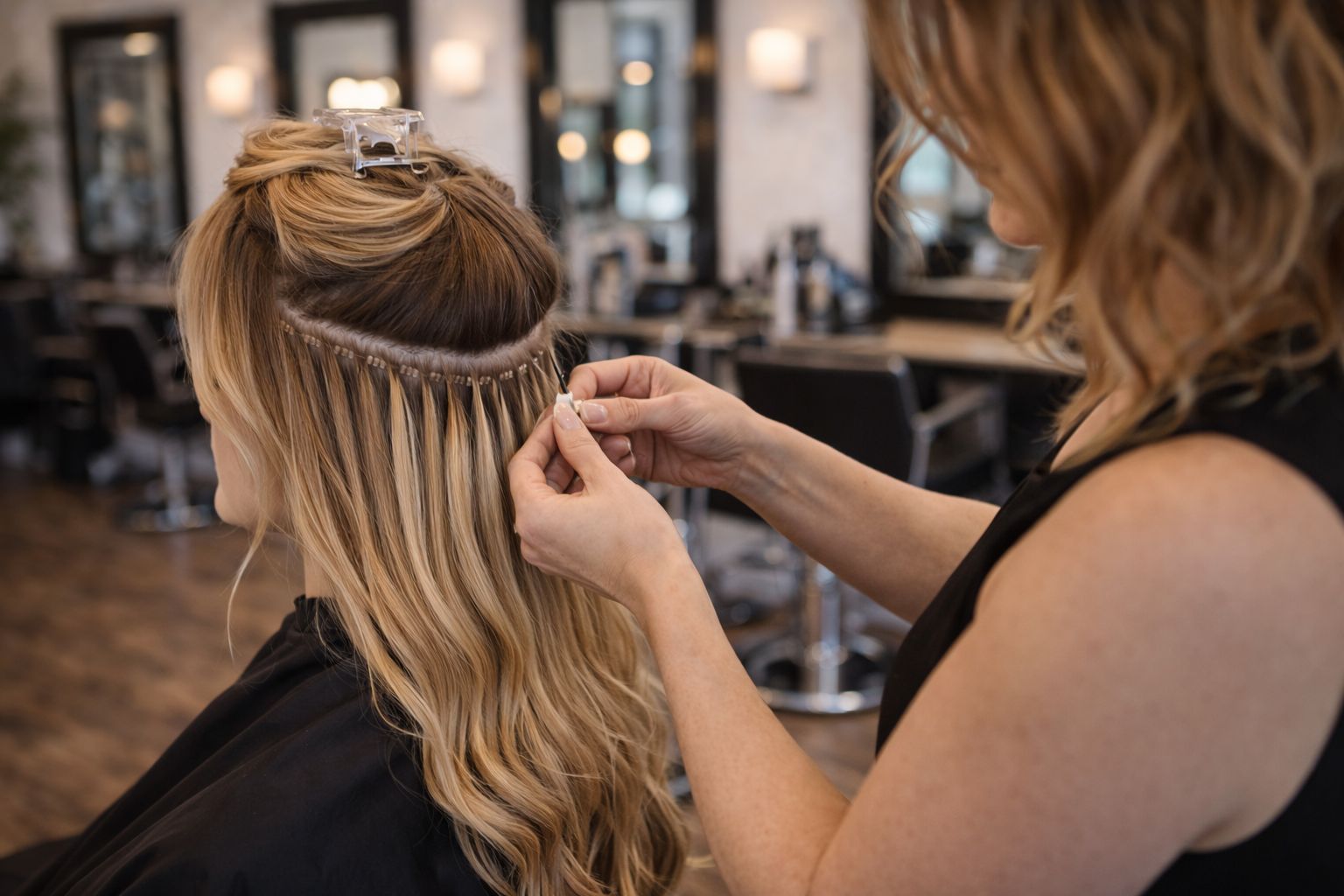 Classic full set hair extensions installation at Cabelo hair salon in Orangeville, Ontario