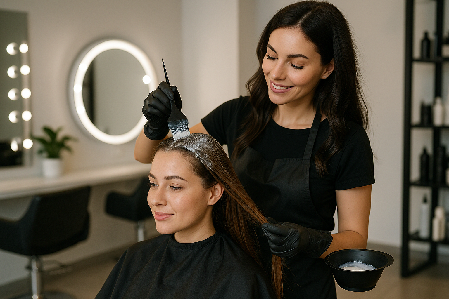Attractive brunette hairdresser thoroughly dyeing hair of female client while she is sitting in chair in beauty salon