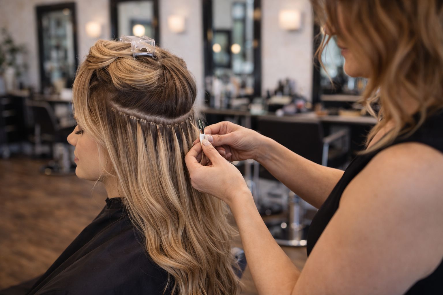 Hair extensions consultation and installation at Cabelo hair salon in Orangeville, Ontario