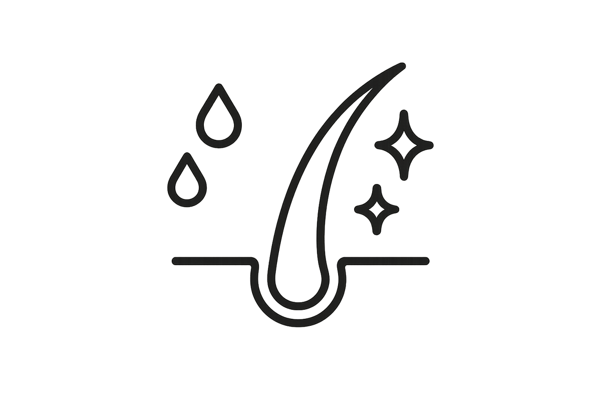 Icon of a hair strand with droplets and stars on a white background
