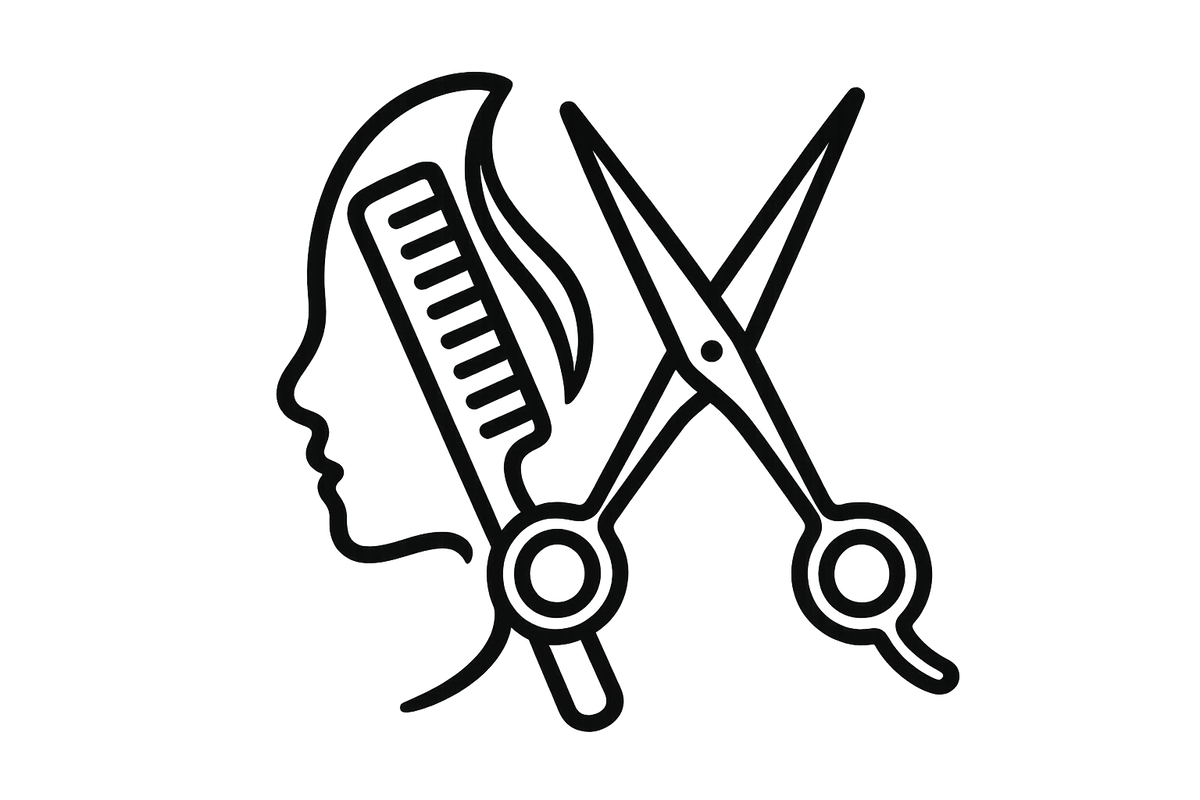 Black and white icon of a comb and scissors over a silhouette of a head on a white background
