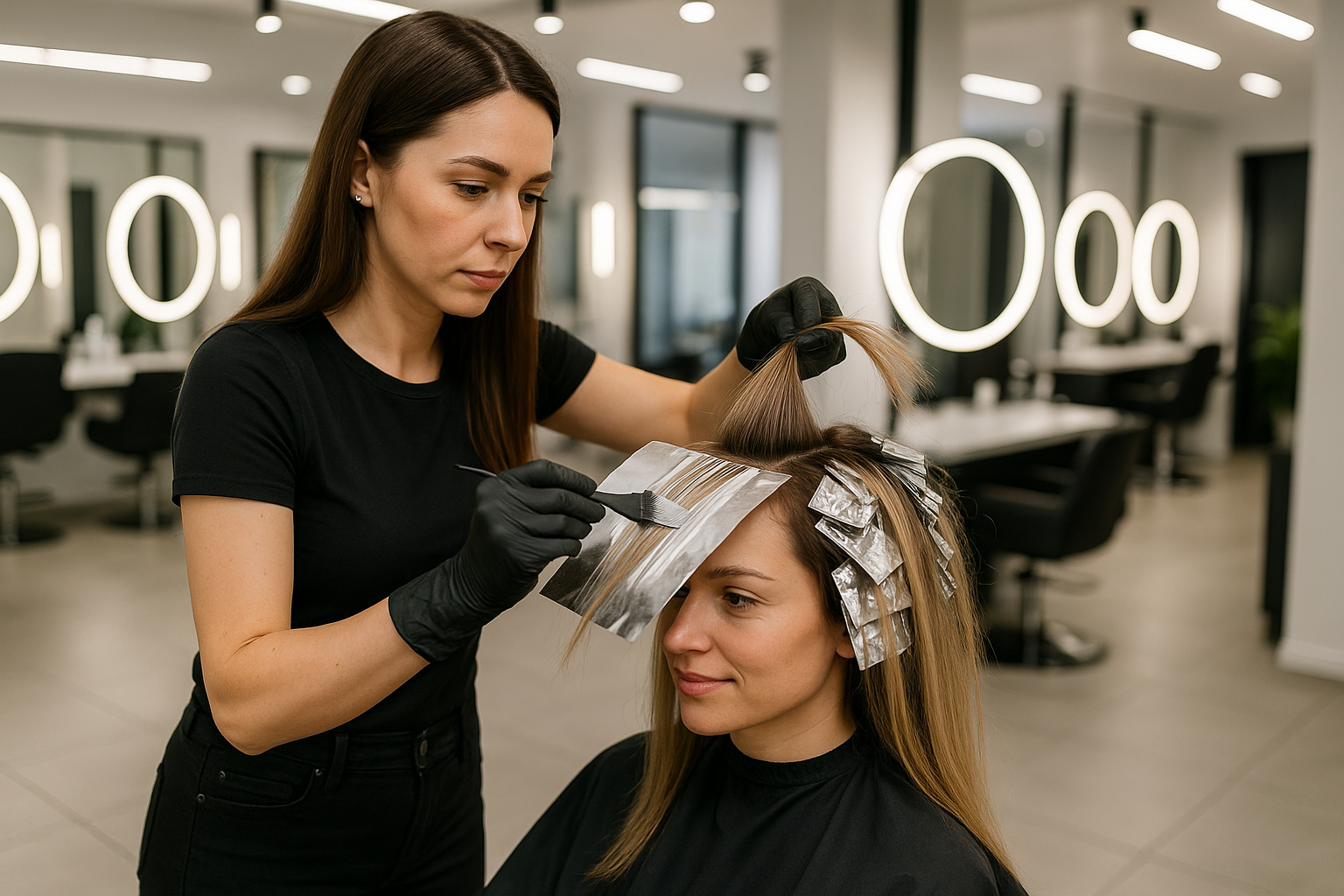 Professional hair treatment and applying highlights to a woman's hair in a modern beauty salon. High-quality hairdressing services